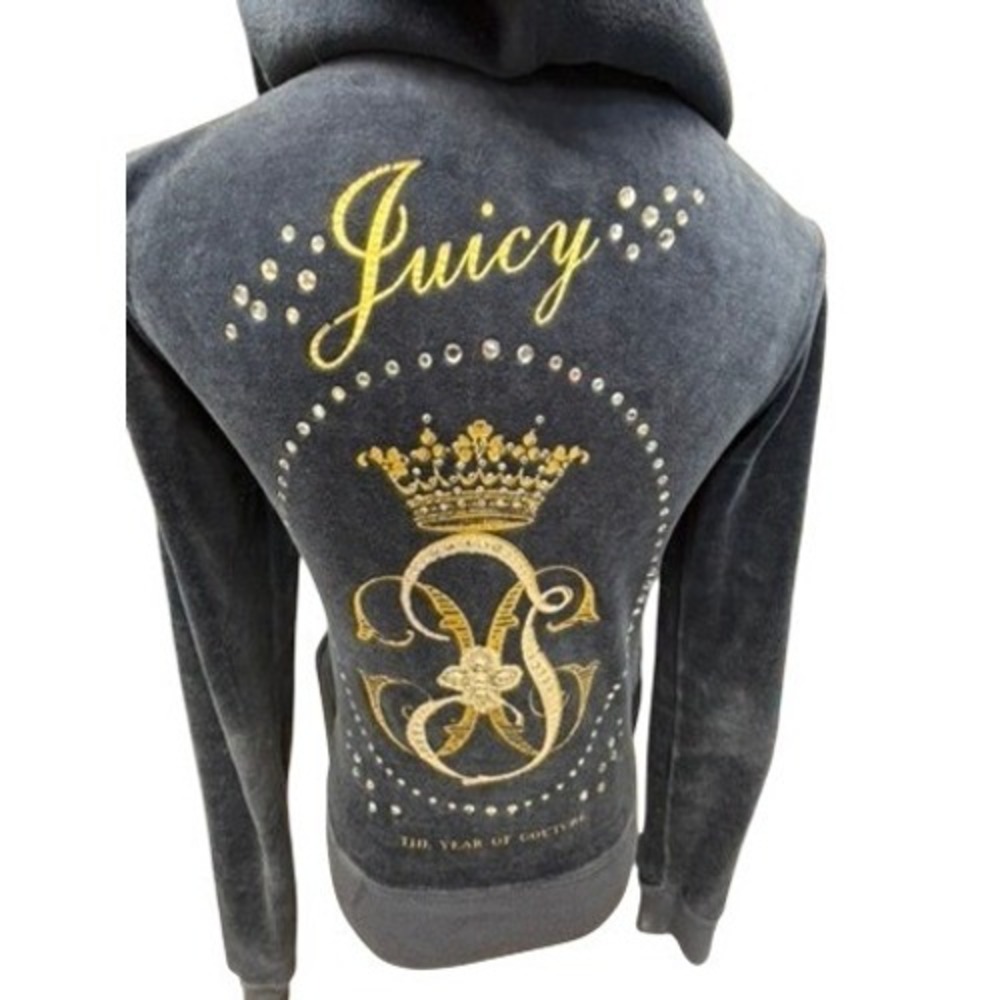 VTG!"Juicy Couture" Navy Blue Velour Rhinestone Zip Up Hoodie Womens Y2K Crown S